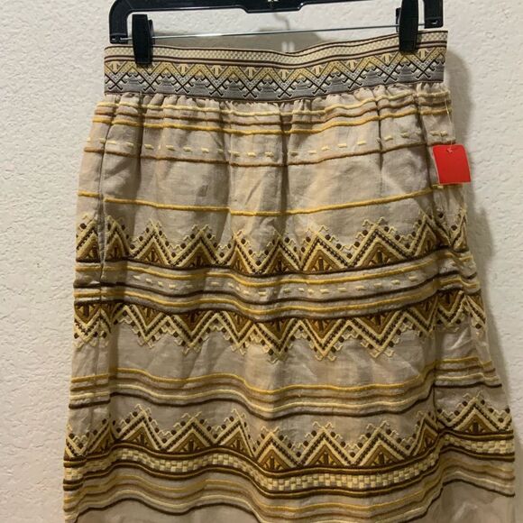 Calypso St. Bart Bohemian Linen Patterned Tan/Brown Pull On Mini Skirt Sz XS - Picture 2 of 5